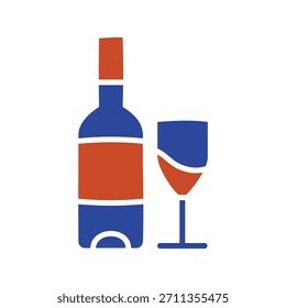 Uma silhueta vetorial clássica e limpa de uma garrafa de vinho cheia ao lado de um copo cheio de vinho. Este ícone é perfeito para projetos relacionados a restaurantes, vinícolas, celebrações e restaurantes finos.