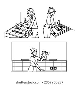 clean cleaning kitchen vector. home household, cleaner spray, table woman clean cleaning kitchen character. people black line illustration