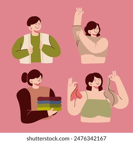 Juego de personajes de dibujos animados de tela limpia en Ilustración vectorial de estilo moderno