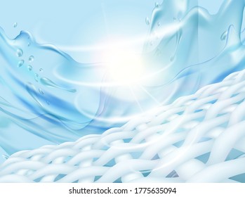 Clean cloth closeup with splashes of water in the background. Wash fabric from dirt. Laundry detergent. Vector illustration