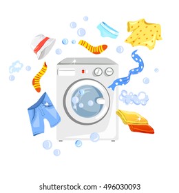 clean clothes around the washing machine. vector illustration 