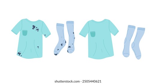 Clean clothes and dirty clothes with stains. T-shirt, socks. Clothes stained with dirt and washed. Bad-smelling socks. Laundry care, washing. Illustration isolated on white background.