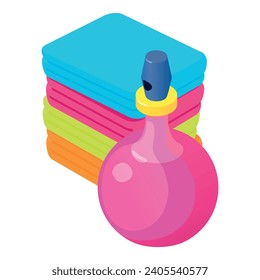 Clean clothes icon isometric vector. Stack of colour clothes and perfume bottle. Folded clothing, household