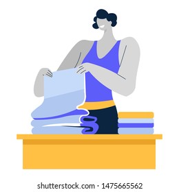 Clean clothes and linen in piles, laundry, woman folding clean towel isolated female character vector. Cleaning service and housewife, housework. Household chore, housekeeping and hygiene maintenance