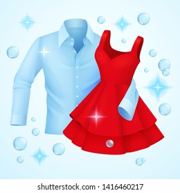 Clean Clothes, Washed Fresh Blue Shirt And Red Dress With Soap Bubbles, Laundry Concept, Vector Illustration