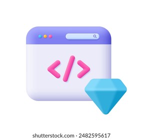 Código limpio. Página de Web con código y diamante. SEO, concepto de programación y codificación. Icono de Vector 3d. Dibujos animados estilo minimalista.