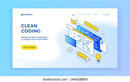 Clean coding. Blue and white banner for web page offering to learn more about effective clean coding with graphic elements in design. Isometric web banner, landing page template