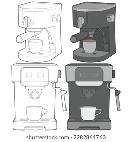 Set von Kaffeemaschine Hand-Zeichenkvektor, Kaffeemaschine gezeichnet in einem Skizze-Stil, Kaffeemaschine-Übungsvorlage Umriss, Vektorgrafik.
