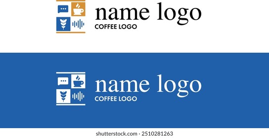 logotipo limpo da cafeteria, com quatro ícones representando beber, colher, conversar e relaxar