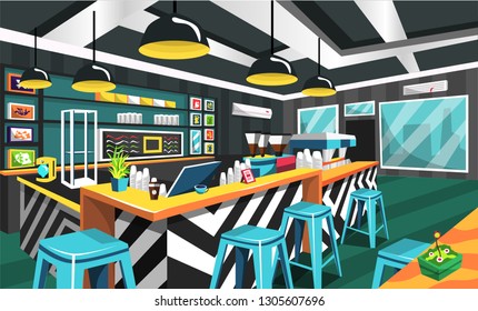 Clean Coffee Shop Modern Style with Futuristic Table, Electric Coffee Maker Machine, Ceiling Lamps, Picture Art for Vector Interior Ideas