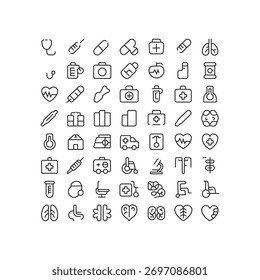 Un conjunto limpio y cohesivo de 50 iconos de líneas médicas modernas diseñadas en estilo minimalista. Perfecto para App de la salud, Sitios web hospitalarios, infografías médicas y diseño de interfaz de usuario.