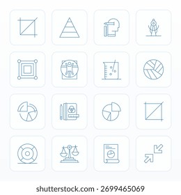 Eine saubere Sammlung von 16 Thin Line Vektorsymbole, die Proportionen darstellen, in 128x128 Display Perfect Format für moderne Dashboards und Schnittstellen entworfen.