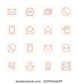 A clean collection of 16 Thin Outline vector icons representing Contact Icon, designed in 128x128 Pixel Optimized format for modern dashboards and interfaces.