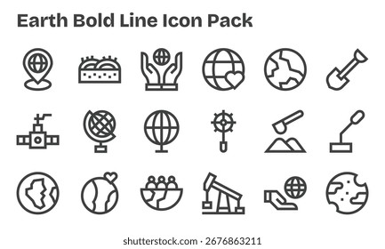 A clean collection of 18 Bold Line icons representing Earth, designed for modern dashboards and interfaces.