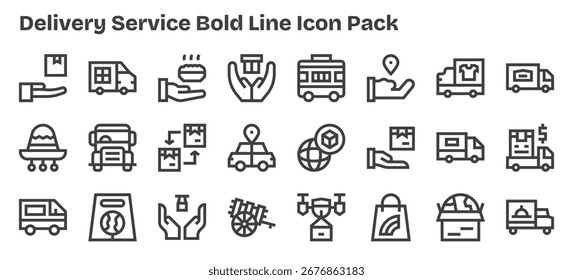 Una colección limpia de 24 íconos de contorno en negrita que representan el servicio de entrega, diseñado para paneles e interfaces modernos.