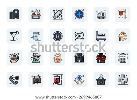 A clean collection of 24 LineFilled vector icons representing Hospitality, designed in 64x64 PIXEL Perfect format for modern dashboards and interfaces.