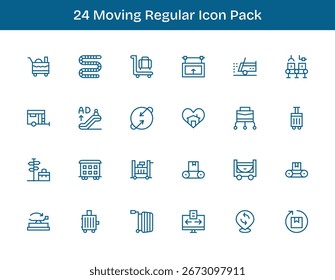 Una colección limpia de 24 íconos de contorno regular que representan el movimiento, diseñado para paneles e interfaces modernos.