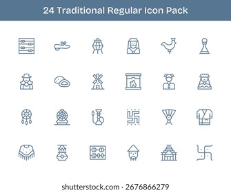 Una colección limpia de 24 iconos de contorno regular que representan tradicional, diseñado para tableros e interfaces modernos.