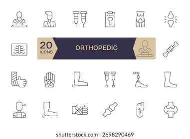Uma coleção limpa de 24 ícones de linha fina representando o Ortopédico, projetado para painéis e interfaces modernos.