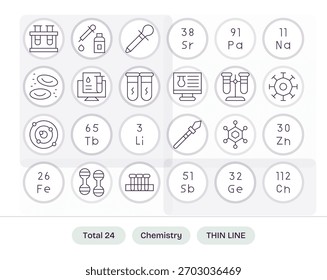 A clean collection of 24 Thin Line icons representing Chemistry, designed for modern dashboards and interfaces.