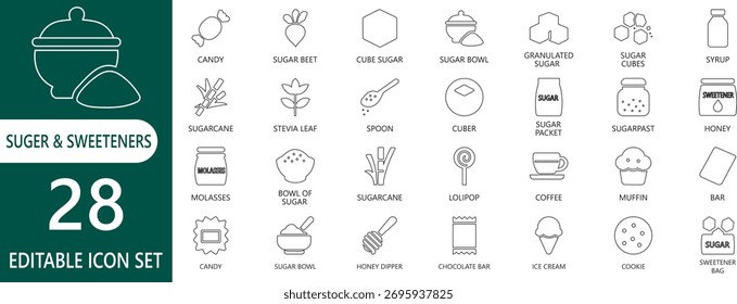 Una colección limpia de 28 iconos de trazo modernos que representan varios azúcares y edulcorantes. Perfecto para proyectos de diseño de envases de alimentos, nutrición y productos.