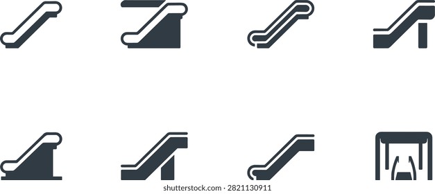 A clean collection of black escalator and moving walkway icons showing various angles and structural styles. Ideal for shopping mall directory maps, airport navigation graphics, public transportation wayfinding signs, and architectural floor plan UI design.A clean collection of black escalator and moving walkway icons showing various angles and structural styles. Ideal for shopping mall directory maps, airport navigation graphics, public transportation wayfinding signs, and architectural floor plan UI design.