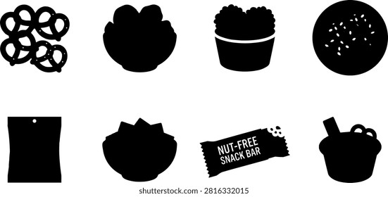 A clean collection of black vector silhouettes showcasing various popular snacks, packaged treats, and food items. Features miniature pretzels, a bowl of snacks, a bucket of popcorn, a round cookie with seeds, a snack bag or chip pouch, a bowl of tortilla chips, a wrapped nut-free snack bar, and a yogurt or ice cream cup with toppings. Ideal for school snack policies, cafeteria menus, food packaging designs, allergy-friendly labeling, and e-commerce grocery categories.
