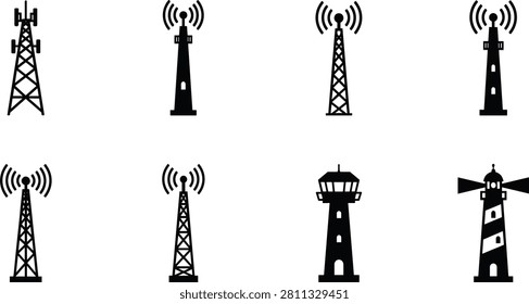 A clean collection of communication tower silhouette icons featuring wireless antennas, radio masts, broadcast towers, signal beacons, control towers, and lighthouse-style communication structures. Ideal for telecommunications, mobile networks, broadcasting, engineering, GIS maps, technology, and infrastructure design projects.