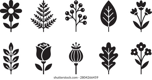 A clean collection of minimal black botanical icons featuring flowers, leaves, branches, roses, seed pods, and floral silhouettes. Perfect for logos, branding, stickers, packaging, web design, scrapbooking, Cricut projects, laser cutting, and modern graphic design.