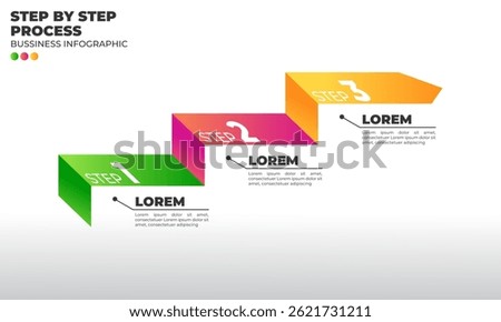 A clean and colorful 3-step infographic template in a minimal flat design style. The layout flows diagonally upward like stair steps, ideal for business workflow, process diagrams