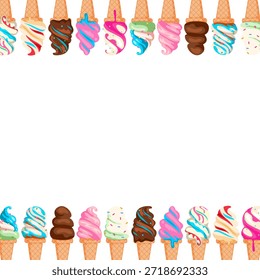 Clean colorful artwork featuring ice cream square border with simple decorative elements.