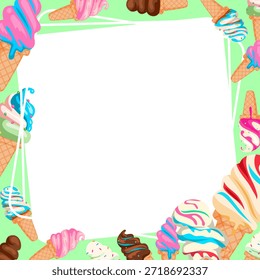 Clean colorful artwork featuring ice cream inner square frame with simple decorative elements.