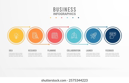 Clean and colorful business workflow infographic with 6 steps. idea, research, planning, collaboration, launch, and feedback. Perfect for presentations, reports, and marketing materials.