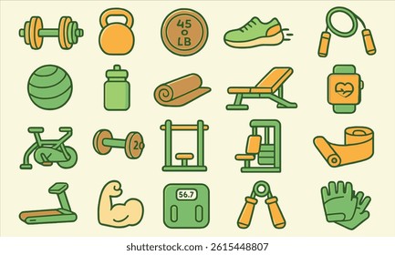 clean and colorful flat icon set illustrating various gym and fitness elements, including dumbbells, treadmills, yoga mats, water bottles, smartwatches, weight machines, and more. Perfect for fitness 
