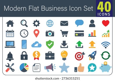 A clean and colorful flat icon set featuring business, technology, finance, communication, and user interface symbols, perfect for websites, apps, dashboards, and digital presentations.