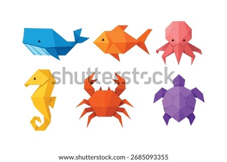 clean colorful flat illustration of polygon cute origami sea animals