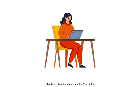 Ilustração vetorial em estilo plano, limpa e colorida, de uma jovem sentada em uma mesa, concentrada e trabalhando ou estudando em um notebook. Perfeito para conceitos como trabalho remoto, aprendizado on-line, freelance, escritório doméstico, produtividade, estilo de vida digital, autoestudo ou atividades diárias modernas em um design simples e vibrante. 