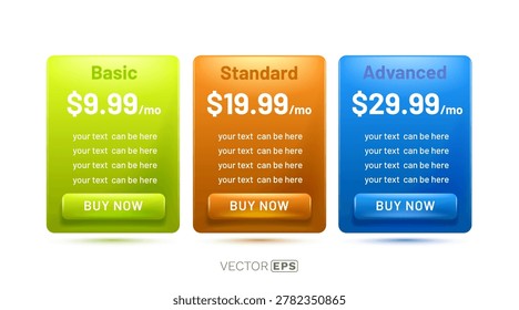 Clean and colorful pricing tables for web and app design. Basic, Standard, Advanced plans with Buy Now buttons. Vector illustration