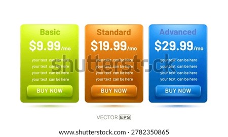 Clean and colorful pricing tables for web and app design. Basic, Standard, Advanced plans with Buy Now buttons. Vector illustration
