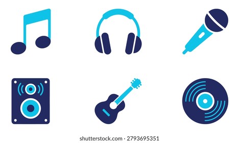 A clean and colorful set of six flat design music icons featuring a treble clef note, headphones, microphone, speaker, guitar, and vinyl record. Perfect for music apps, websites, or presentations needing simple and modern musical symbols.