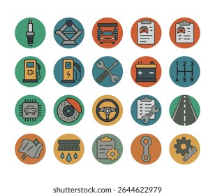 A clean and colorful vector icon set featuring key car service elements like inspection, gearshift, steering, cleaning, charging, battery, and diagnostics. Ideal for mechanics and auto-themed UI.
