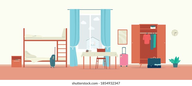 Clean comfortable hostel room interior background, flat vector illustration. Dormitory or hostel furnished rooms inside view with bunk bed and wardrobe.
