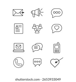 Iconos limpios de la comunicación fijados con el email, burbuja del chat, teléfono, corazón, ordenador portátil, Elementos del perfil del usuario en el fondo blanco