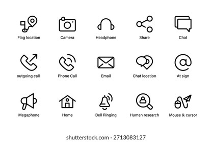 Clean Communication Interface Icons. Share tools, messaging symbols, phone actions, location markers, and modern interaction details.