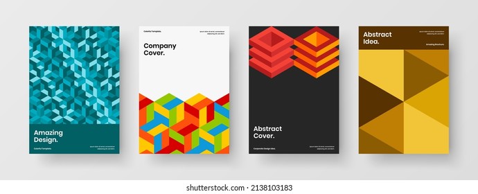 Clean company cover design vector illustration bundle. Minimalistic mosaic shapes presentation layout set.
