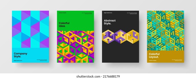 Clean company cover design vector layout composition. Colorful geometric hexagons annual report concept bundle.