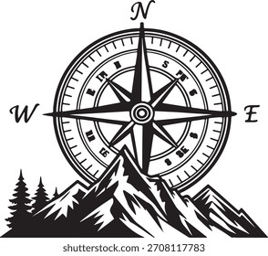 Una silueta de brújula limpia combinada con un icono de montaña, perfecto para marcas de exterior, temas de navegación, diseños de viajes y gráficos de insignias de aventura.