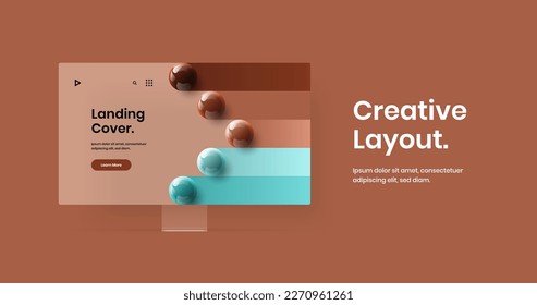 Clean computer display mockup landing page concept. Colorful website design vector layout.