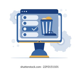 Clean computer, computer with garbage sign. Delete files or documents in the trash. Perfect vector graphics