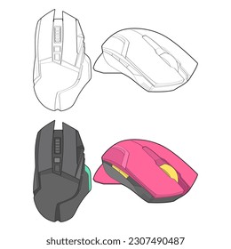 Clean computer mouse outline and color vector illustration set designed for technology product listings, electronics ecommerce catalogs, UI interfaces, and editable tech design templates. Isolated mouse devices suitable for apps, software presentations, branding, and commercial use.